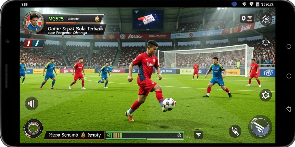 Screenshot utama MG525 menampilkan aksi pertandingan sepak bola yang mendebarkan.