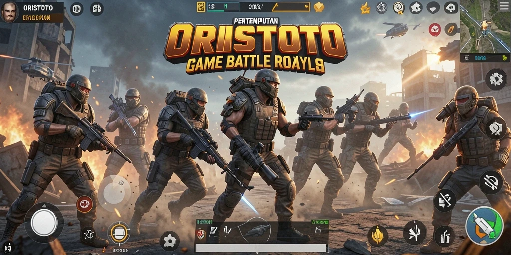 Tangkapan layar utama ORISTOTO menampilkan aksi seru pertempuran Battle Royale.