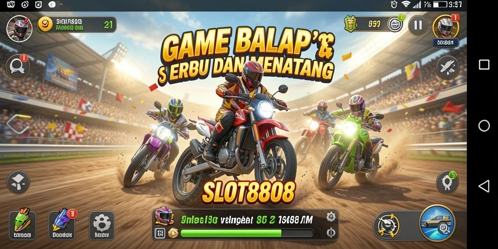 Tampilan gameplay yang mendebarkan dalam SLOT8808 saat balapan.